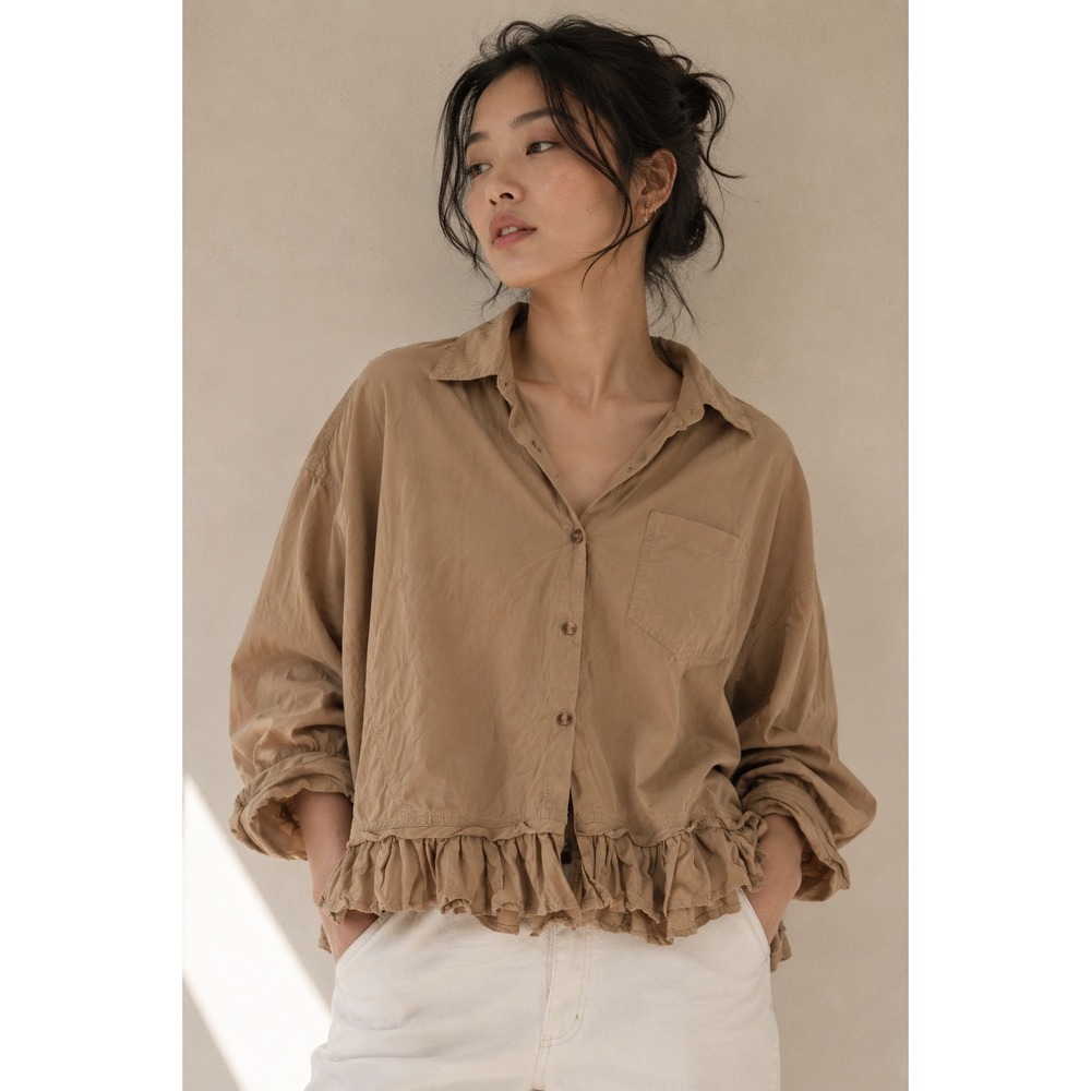 Tan Brown Ruffle Hem Button Down Shirt Oversized Cropped Long Sleeve